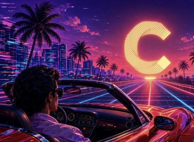 A retro 1980s-style synthwave illustration of a person driving a convertible car toward a glowing 'C' logo on the horizon, set against a neon city skyline and tropical sunset.