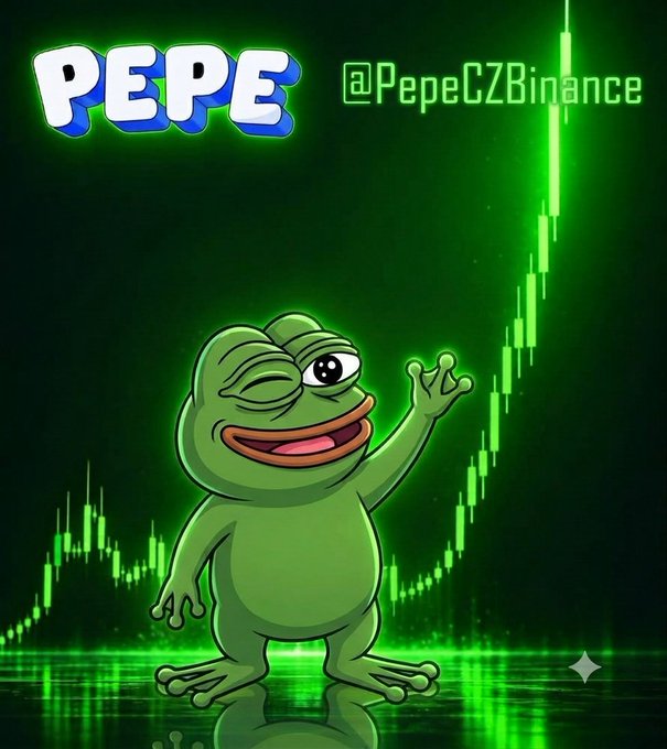 A meme image featuring the Pepe the Frog character with text 'PEPE' and '@PepeCZBinance', set against a green cryptocurrency chart background.
