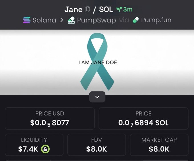 Cryptocurrency trading interface showing a token called 'Jane' with a teal awareness ribbon and text 'I AM JANE DOE', traded on Solana via PumpSwap/Pump.fun, with a price of $0.058077 (0.076894 SOL), liquidity of $7.4K, FDV of $8.0K, and market cap of $8.0K.