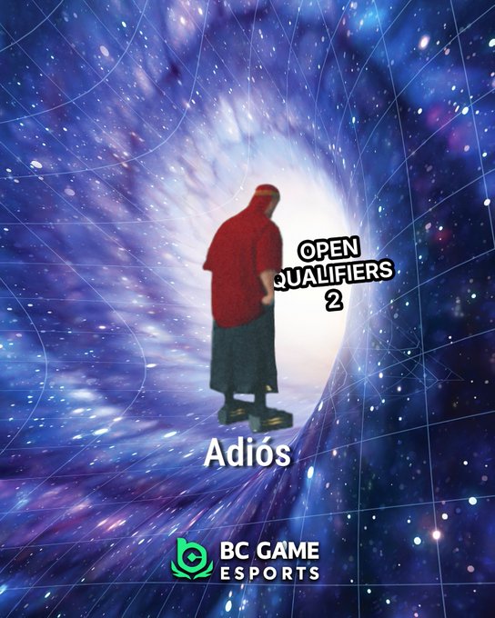 Promotional esports graphic set against a swirling purple and blue cosmic wormhole background, featuring a central figure in a red hoodie and dark shorts facing away toward a bright light, with bold text reading "OPEN QUALIFIERS 2," the word "Adiós" beneath the figure, and the "BC GAME ESPORTS" logo at the bottom, announcing the start of the second open qualifier tournament tomorrow at 16:00 CEST.