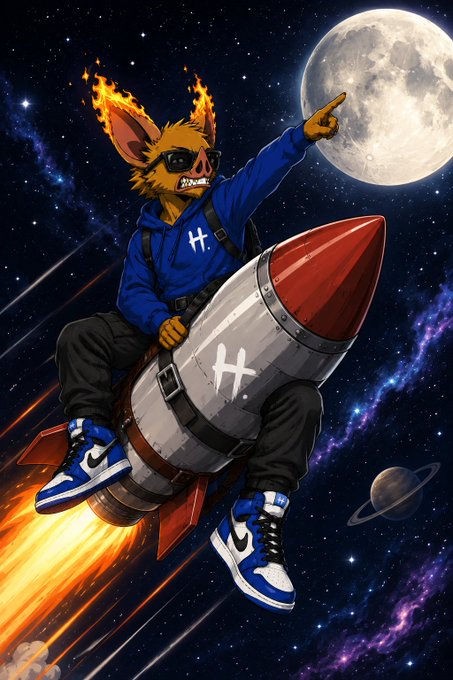 An illustration shows a Shiba Inu dog with flaming ears and sunglasses riding a rocket through space, wearing blue and white sneakers, and pointing towards a large moon.