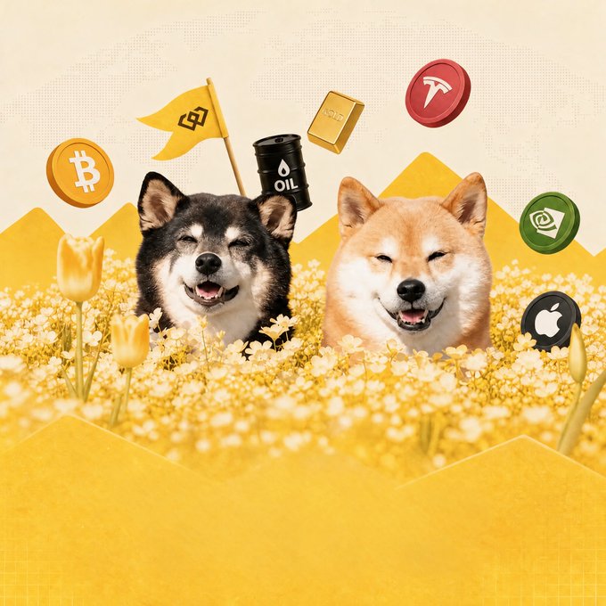 An illustration of a Shiba Inu and an Akita dog sitting in a field of yellow flowers, surrounded by floating icons of Bitcoin, oil, gold, Tesla, Apple, and a flag bearing the Binance logo.