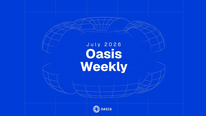 A blue graphic titled "Oasis Weekly" dated July 2026, featuring a wireframe cloud-like design and the OASIS logo at the bottom, serving as the header for the weekly newsletter described in the post.