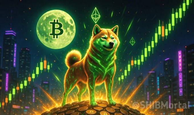 A glowing Shiba Inu stands triumphantly atop a pile of Bitcoin, framed by a green Bitcoin moon, Ethereum diamonds, and bullish candlestick charts against a neon cityscape, with the watermark "@SHIBMbrtal" visible in the corner. The image visually reinforces the post's bullish crypto predictions, capturing the explosive memecoin rally narrative with SHIB as the centerpiece of "wild times" in 2025.