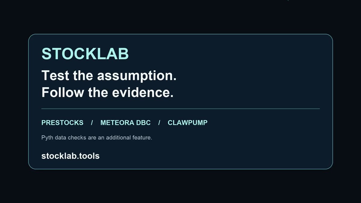 A dark promotional graphic for STOCKLAB with the text "Test the assumption. Follow the evidence." and references to "PRESTOCKS / METEORA DBC / CLAWPUMP", noting "Pyth data checks are an additional feature" and "stocklab.tools".