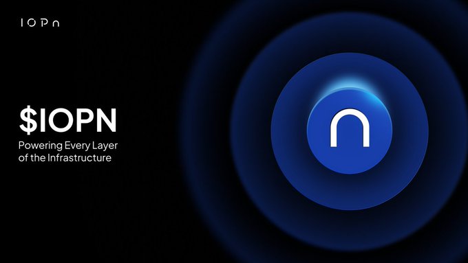 A sleek dark blue graphic featuring the "$IOPN" ticker with the tagline "Powering Every Layer of the Infrastructure," alongside a glowing central logo of an inverted U-shape resembling the "⋂" symbol mentioned in the post, reinforcing $IOPN's role as the multi-purpose token securing, settling, and governing the OPN Chain ecosystem.