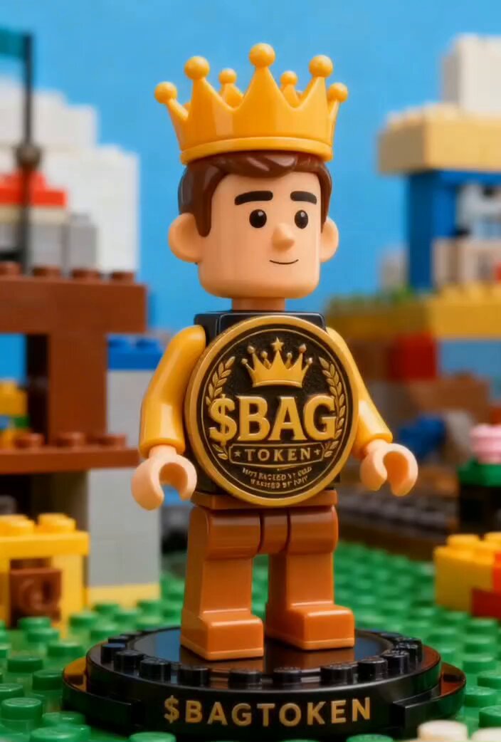 The image features a Lego figure wearing a crown, standing on a base that says "The BAG TOKEN" with the text "BAG #THEBAG token #solana #Web3 #Community". This Lego figure represents the core values of $BAG and is associated with the project. The presence of the crown suggests a sense of identity or uniqueness to the character, while the base name "The BAG TOKEN" indicates that it is backed by gold and not by any other currency. The text "Not backed by gold. Backed by pain." implies that the value of the token lies in its rarity and uniqueness rather than its material worth. This Lego figure serves as a visual representation of the core values and project associated with $BAG, which are identity, culture, resilience, and the power of people.