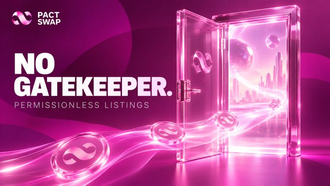 A promotional banner for 'PACT SWAP' featuring the text 'NO GATEKEEPER. PERMISSIONLESS LISTINGS' alongside a 3D rendering of coins floating through a doorway into a city.