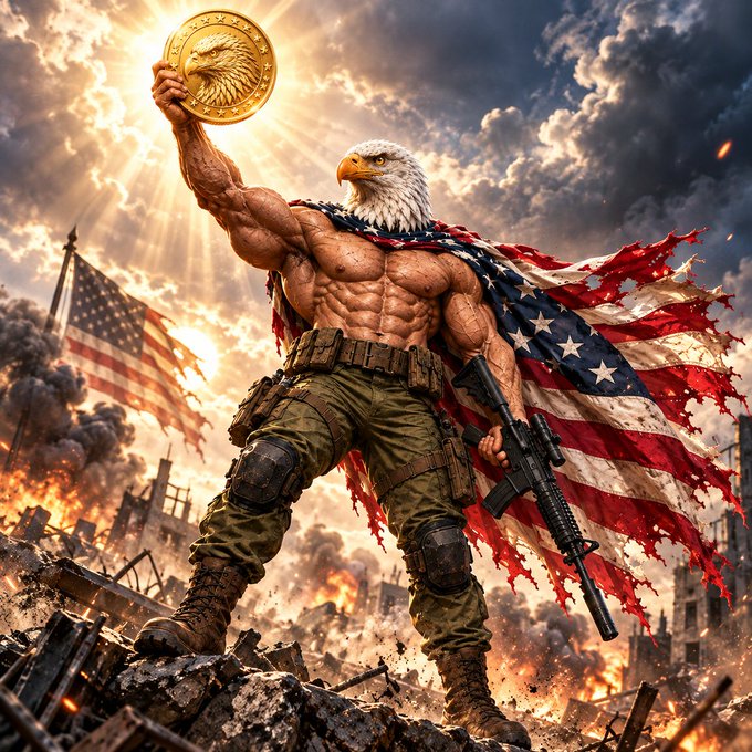 A muscular figure with an eagle's head stands triumphantly atop a battlefield of rubble and flames, wearing camouflage pants and an American flag cape, while brandishing a golden coin emblazoned with an eagle and holding a rifle in his other hand. The image visually echoes the post's "One coin to rule them all" caption, symbolizing a single coin as a powerful, commanding force over the chaotic landscape.
