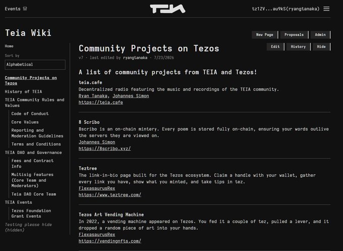 The image shows a screenshot of the TEIA Wiki page titled "Community Projects on Tezos," last edited by ryangtanaka on 7/23/2026, listing community projects including teia.cafe (by Ryan Tanaka and Johannes Simon), 8scribo.xyz, teztree.com (by Flexasaurus), and vendingonfts (the Tezos Art Vending Machine). The screenshot illustrates the post's announcement about populating the Teia Community wiki with featured projects from builders across the Teos ecosystem.