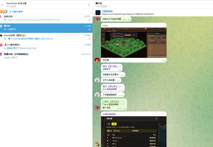 A Chinese Telegram chat interface showing a group called 'GameFiLabs 中文之家' with messages about SAGA token and game rankings.