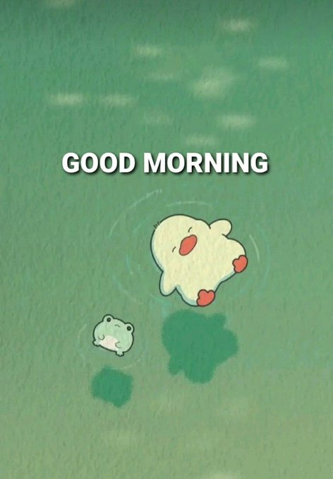 A cute animated illustration showing a chubby white bunny and a small green frog character on a green background with the text 'GOOD MORNING'.