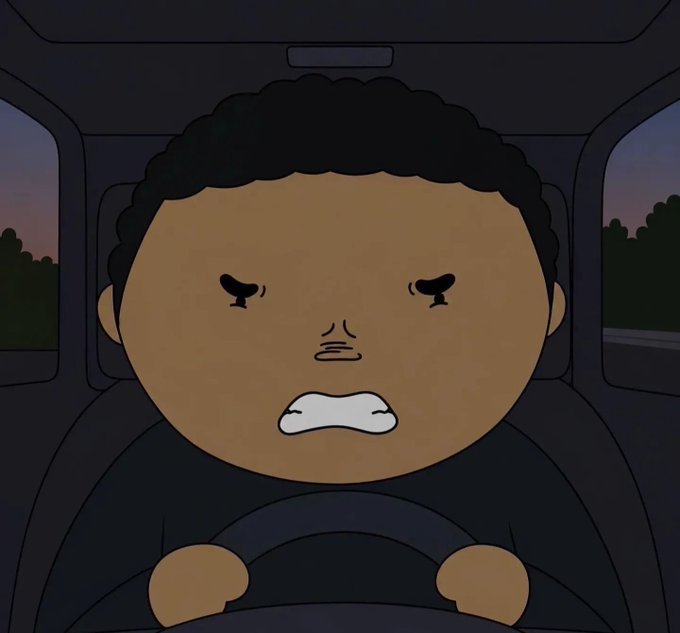 An animated cartoon character resembling Token from South Park, shown with an angry or frustrated expression while gripping a steering wheel inside a vehicle at dusk.
