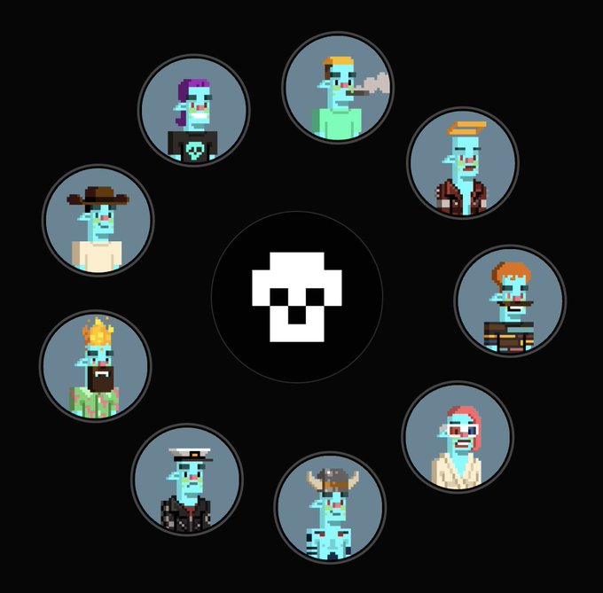 A pixel art graphic displaying a central white skull icon surrounded by a circular arrangement of eight zombie character avatars on a black background.