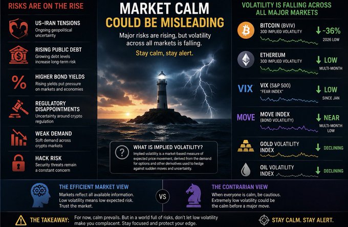 A financial infographic titled 'MARKET CALM COULD BE MISLEADING,' contrasting rising risks (US-Iran tensions, public debt, hack risk) with falling volatility across major markets including Bitcoin (BGIV), Ethereum, VIX, MOVE Index, Gold, and Oil.