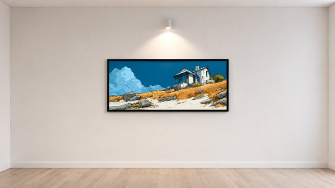 A framed illustrated artwork depicting a house by the sea with stylized clouds, mounted on a white wall above a wooden floor and illuminated by a spotlight.