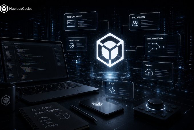 A dark, futuristic tech workspace featuring a 'NucleusCodes' logo and a hexagonal icon connected to holographic panels labeled 'CONTEXT AWARE', 'COLLABORATE', 'SMART ASSIST', 'VERSION HISTORY', 'BUILD', and 'DEPLOY', with a notebook reading 'AI + Code Better Together'.
