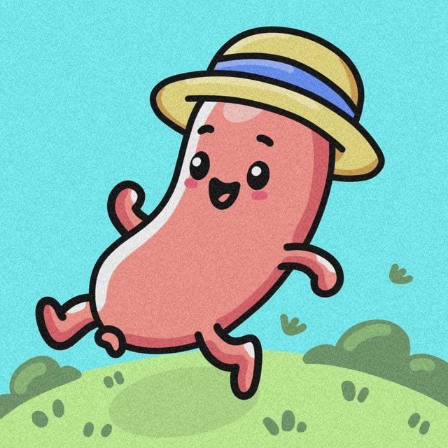 A cute cartoon illustration of a pink blob-like character wearing a yellow and blue striped sun hat, cheerfully walking through a grassy field against a teal sky.