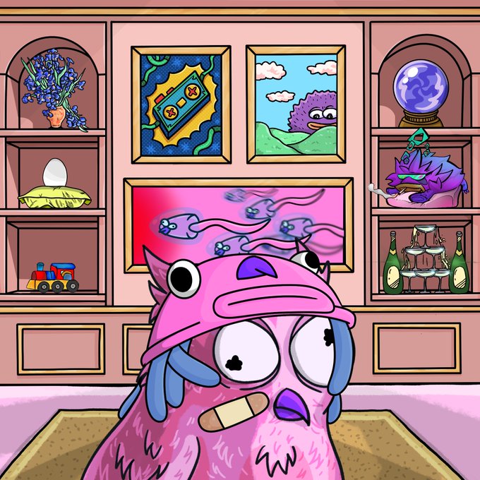 A pink furry character wearing a pink cap with a "1" emblem stands in front of a shelf filled with quirky items—framed art, a toy train, a champagne pyramid, and a purple creature smoking—looking surprised with wide eyes and a bandaged snout, likely reacting to or embodying the "good monad dads say it back" sentiment.