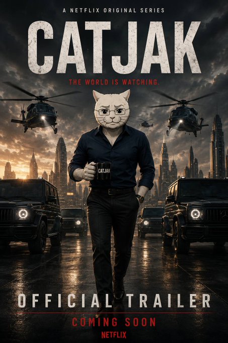 A movie poster for a Netflix original series titled "CATJAK" featuring a man with a cat head, walking forward holding a CATJAK coffee mug, with helicopters, SUVs, and a city skyline in the background. Tagline reads "THE WORLD IS WATCHING." and "OFFICIAL TRAILER COMING SOON."