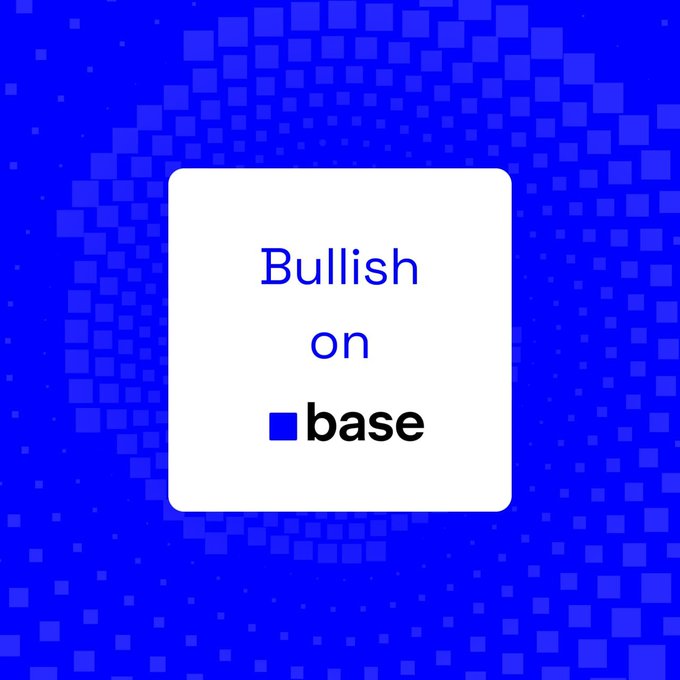 A graphic with a blue pixelated background displays a white square containing the text 'Bullish on base' in blue and black lettering.