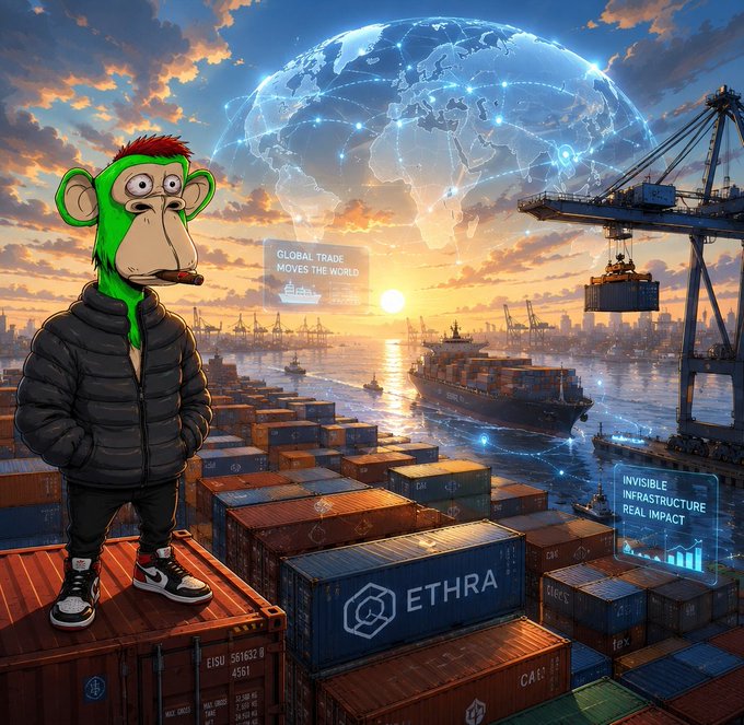 A green cartoon monkey in a puffer jacket stands on shipping containers in a bustling port, with a holographic globe and "GLOBAL TRADE MOVES THE WORLD" text overlay, alongside labels for "ETHRA" and "INVISIBLE INFRASTRUCTURE, REAL IMPACT." The image visually captures the post's theme of exploring the hidden world of global shipping and introduces Ethra as a company building within this vast, often-overlooked industry.