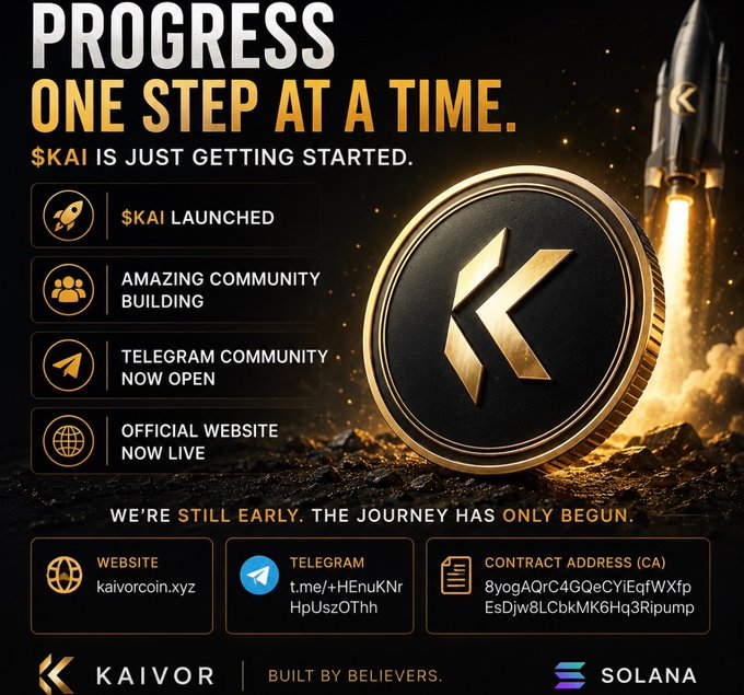 A promotional graphic for the $KAI token on the Solana blockchain, advertising 'Progress One Step At A Time' with details about their launched token, community, and website kaivorcoin.xyz.