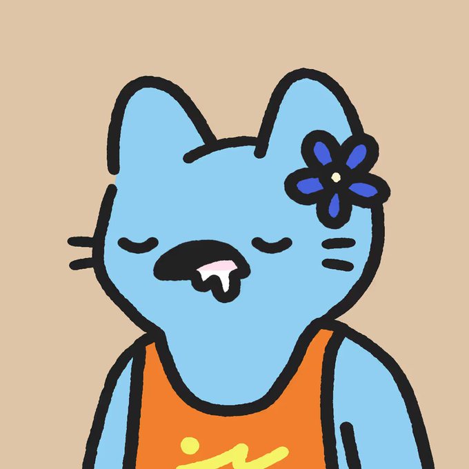 The image features a blue cartoon cat wearing an orange tank top with a flower on its head. The cat has a flower in its hair, giving it a unique and whimsical appearance. The caption below the image reads "Some big shot is dumping CC, so I'll take it up. After all, it'S one of the NFTs I once loved the most!".