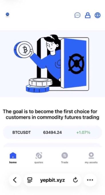 A mobile screenshot of the cryptocurrency trading platform yepbit.xyz, displaying an illustration of a person holding a Bitcoin, the tagline 'The goal is to become the first choice for customers in commodity futures trading', and a BTCUSDT price of 63494.24 (+1.07%).
