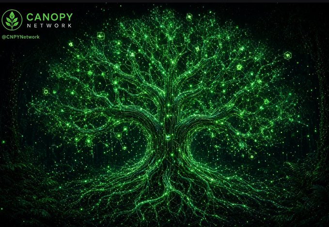 A digital artwork features a glowing green tree of light with intricate branching patterns on a dark background, labeled 'CANOPY NETWORK @CNPYNetwork' in the corner.