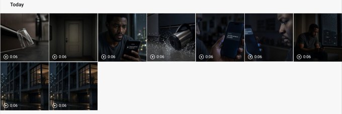 A screenshot of a smartphone gallery labeled "Today" displays a grid of dark, moody thumbnails of a man, each marked with a "0:06" duration tag.