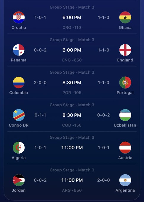 A World Cup prediction contest display showing six Group Stage Match 3 games with records and moneyline odds: Croatia (1-0-1) vs Ghana (1-1-0) at 6:00 PM (CRO -110), Panama (0-0-2) vs England (1-1-0) at 6:00 PM (ENG -650), Colombia (2-0-0) vs Portugal (1-1-0) at 8:30 PM (POR -105), Congo DR (0-1-1) vs Uzbekistan (0-0-2) at 8:30 PM (COD -150), Algeria (1-0-1) vs Austria (1-0-1) at 11:00 PM, and Jordan (0-0-2) vs Argentina (2-0-0) at 11:00 PM (ARG -650), tied to a $5,000 $SEND giveaway for correctly