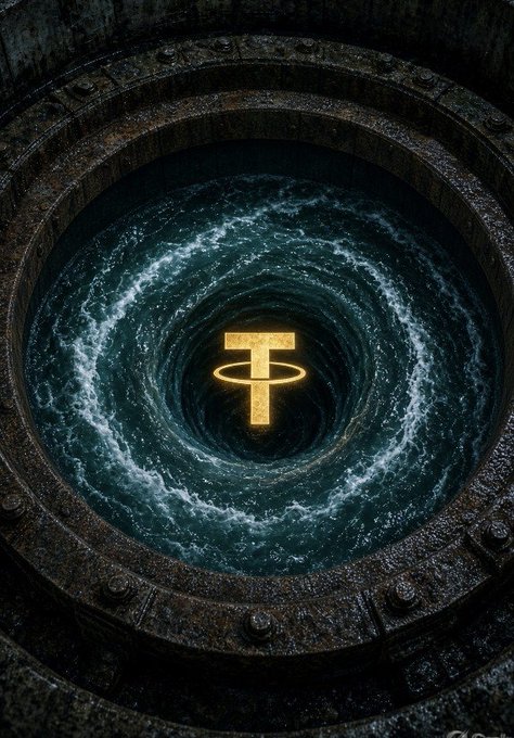 A glowing golden Tether (₮) symbol spins in a swirling vortex of dark water, set within a rusty, industrial drain. The image visually captures the post's sentiment of Tether being "down the drain" if sanctioned, framing it as a pivotal "mic drop" moment for RLUSD and XRP.