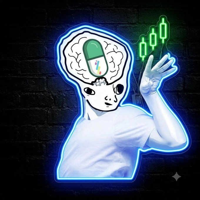 A neon sign style illustration of a person with an exposed brain containing a green pill, with a hand reaching up toward a green stock chart displaying candlesticks.