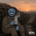 An AI-generated image showing a blue-skinned humanoid figure in a brown robe sitting on a barren landscape, holding a mug with 'SEAL' text visible in the corner.