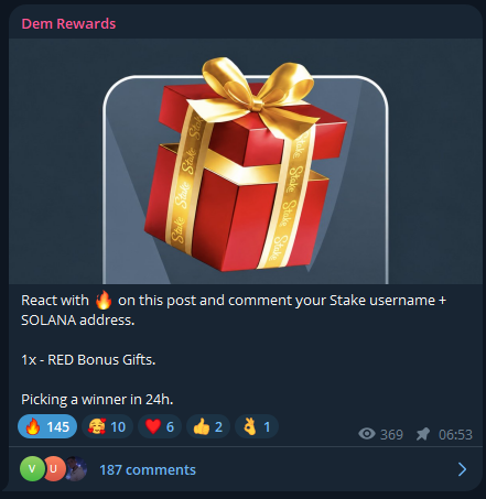 A promotional post titled "Dem Rewards" features a red gift box with gold ribbon, inviting users to react with 🔥, comment their Stake username and Solana address for a chance to win 1 RED Bonus Gift, with a winner picked in 24h. The post currently shows 145 likes, 10 retweets, and 187 comments, aligning with the call to action to engage via the Telegram and Kick links for the live stream giveaway.