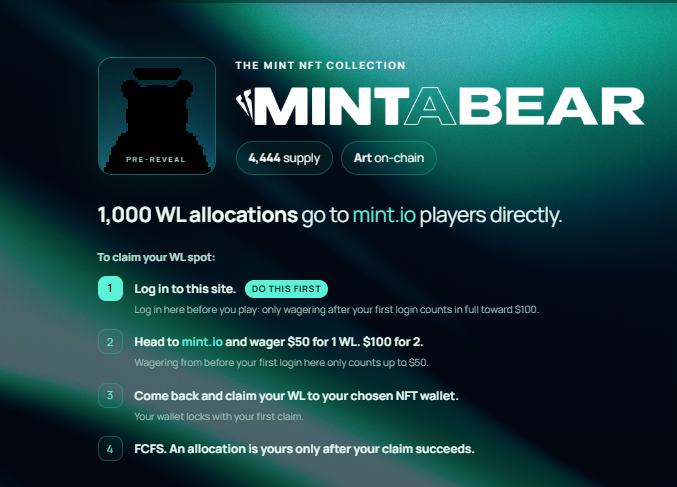 Promotional graphic for 'The Mint NFT Collection - MINTABEAR' featuring 4,444 supply with instructions on how to claim 1,000 WL allocations through mint.io.