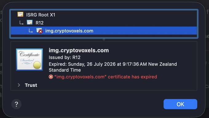 A browser certificate viewer warning that the SSL certificate for img.cryptovoxels.com, issued by R12 under ISRG Root X1, has expired as of Sunday, 26 July 2026 at 9:17:36 AM New Zealand Standard Time, directly illustrating the "Yo dawg this certificate is expired" complaint.