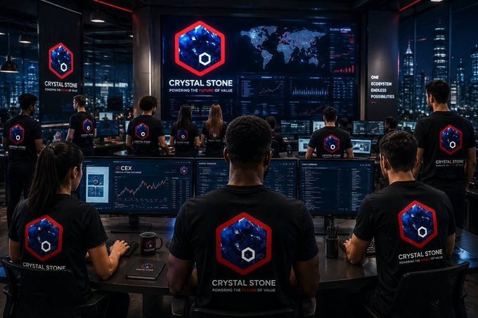 A team wearing "CRYSTAL STONE - POWERING THE FUTURE OF VALUE" branded shirts monitors real-time trading data and global market analytics on multiple CEX dashboards, visually reinforcing the post's message about building tangible, anchored value through the $CRYSTALSTONES Real World Asset ecosystem on the BNB Smart Chain.