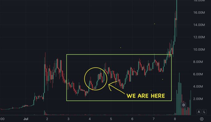 A candlestick chart spanning July 2-8 displays price action with volume bars on the right axis (2.00M-18.00M), featuring a yellow rectangle highlighting a 5-day consolidation range between roughly 2M-9M, with a circled area labeled "WE ARE HERE" near 4M on day 4, followed by a sharp spike to 14M-16M shortly after—visually illustrating the post's message about $CASHCAT's prolonged sideways accumulation before its explosive breakout to 140M.
