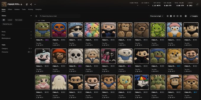 A marketplace interface for 'FWAIR PFPs' NFT collection displaying rows of colorful cartoon-style profile picture avatars including frogs, skeletons, bears, and other creatures.
