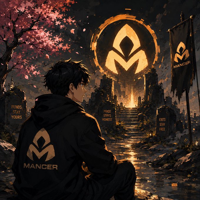 A young man wearing a black hoodie with the "MANCER" logo gazes contemplatively at a glowing golden shrine inscribed with promises like "FUNDS STAY YOURS," "PRICE STAYS HONEST," and "EXITS STAY FREE," surrounded by falling cherry blossoms and a dark, moody atmosphere. The artwork visually embodies the post's sentiment of being drawn to Mancer's core principles—emphasizing the user's deepening conviction after learning about the project's commitment to keeping funds safe, pricing transparent, and exits unrestricted.