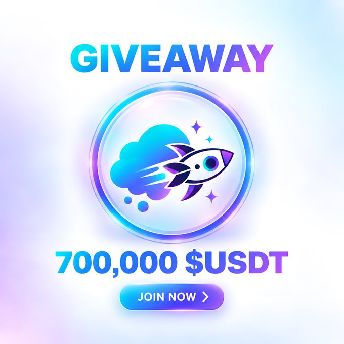 The image displays a promotional graphic for a "GIVEAWAY" of "700,000 $USDT" featuring a rocket emerging from a cloud within a glowing circular badge, with a blue "JOIN NOW" call-to-action button at the bottom. The design visually reinforces the accompanying post's announcement of a 700,000 USDT giveaway from NUVEX FAMILY, using the rocket imagery to suggest quick delivery to the first 3,000 participants who complete the required steps.