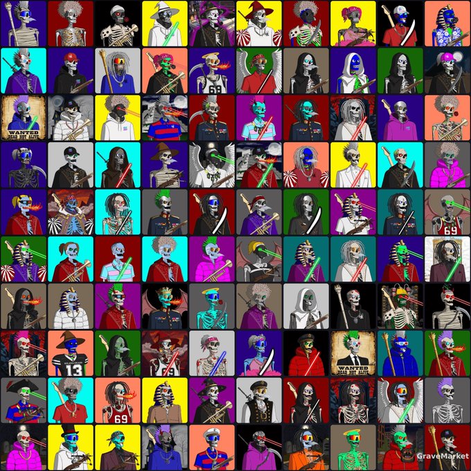 A vibrant grid collage of pop-art skeleton portraits in various colorful outfits and accessories, marketed with 'GraveMarket' and 'WANTED DEAD OR ALIVE' text on some tiles.