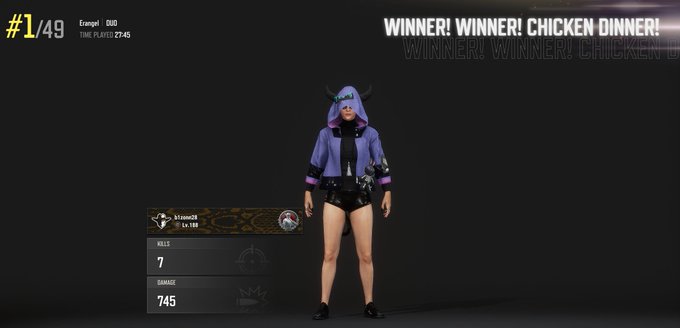A video game post-match screen showing '#1/49' as the winner with 'WINNER! WINNER! CHICKEN DINNER!' text, featuring an avatar in a purple hoodie and black shorts with stats for kills (7) and damage (745).