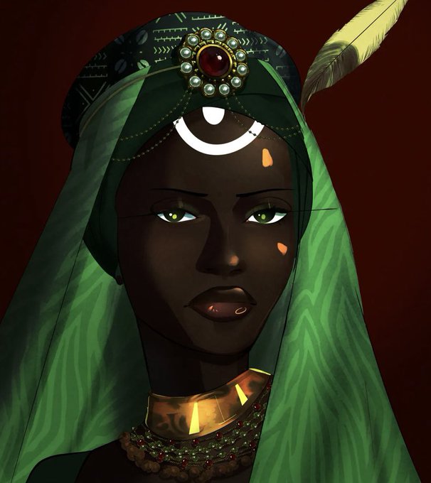 A digital illustration of a dark-skinned woman wearing a green veil, a jeweled headpiece, and a gold necklace against a dark red background.