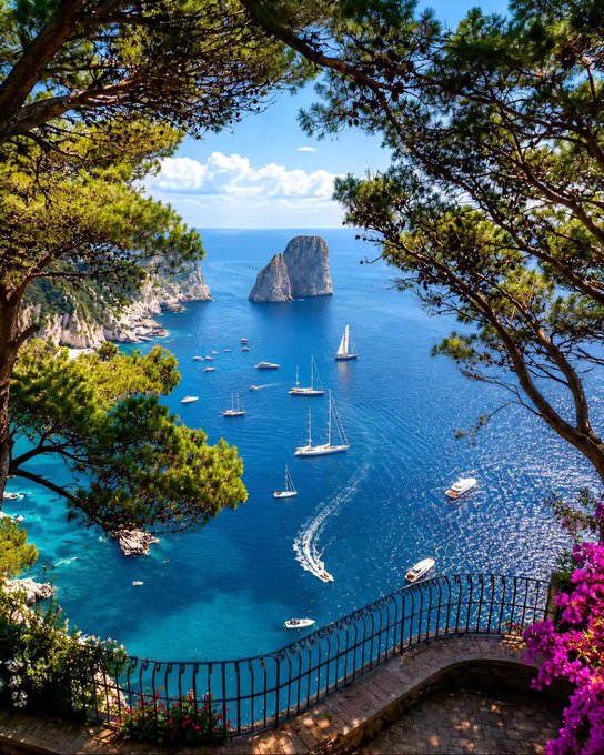 A scenic Mediterranean coastline view with sailboats and motorboats in turquoise water, framed by pine tree branches, a stone railing, and pink bougainvillea flowers.