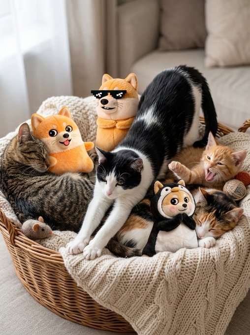A heartwarming image of several real cats and kittens cuddling in a wicker basket alongside cute orange and dog plush toys.