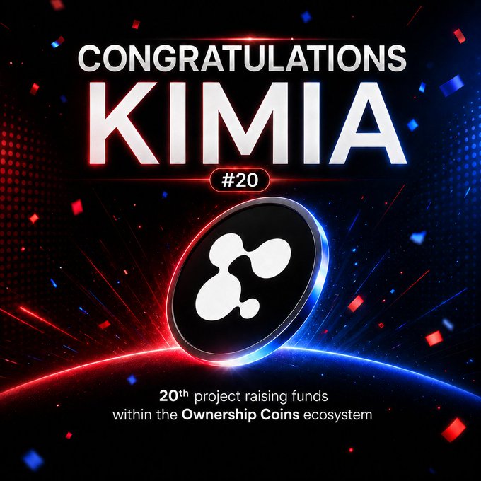 A celebratory graphic announcing "CONGRATULATIONS KIMIA #20" with a central coin/token logo featuring a molecular-style design, noting it as the "20th project raising funds within the Ownership Coins ecosystem" against a dynamic red and blue confetti background. The image visually reinforces the post's announcement of $KIMIA's launch as the milestone 20th project in the MetaDAO/Ownership Coins ecosystem on Solana.