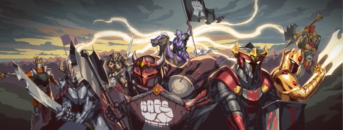 A fantasy illustration of an army of armored knights and warriors with weapons and banners marching forward under a stormy sky with lightning.
